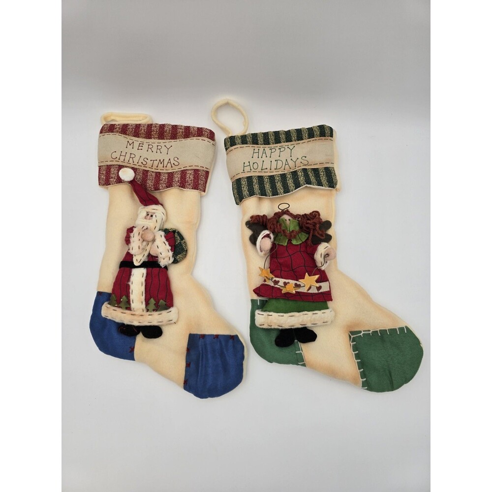 Set Of 2 Rustic Christmas Stockings‎ 3D Angel and Santa 15"